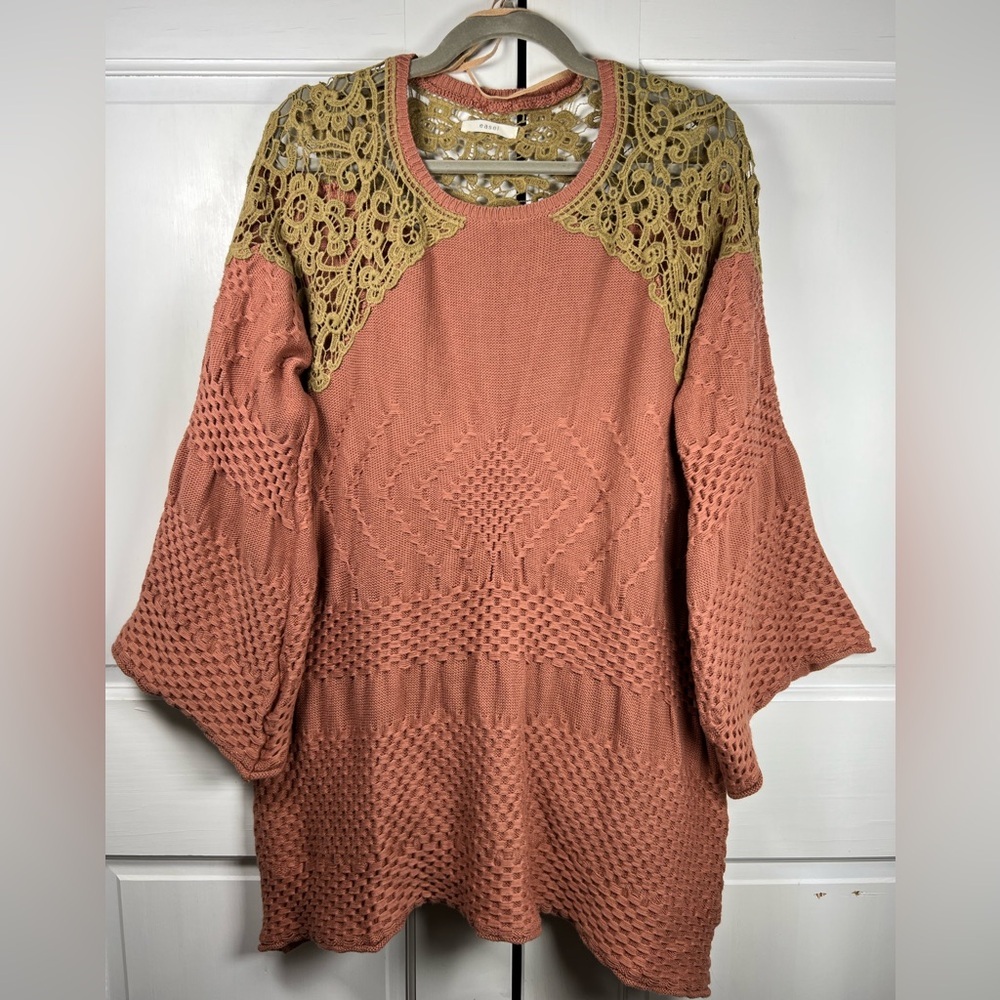 Anthropologies Easel Boho Textured knit Crochet Sweater Tunic Bell sleeves M/L - Picture 2 of 10